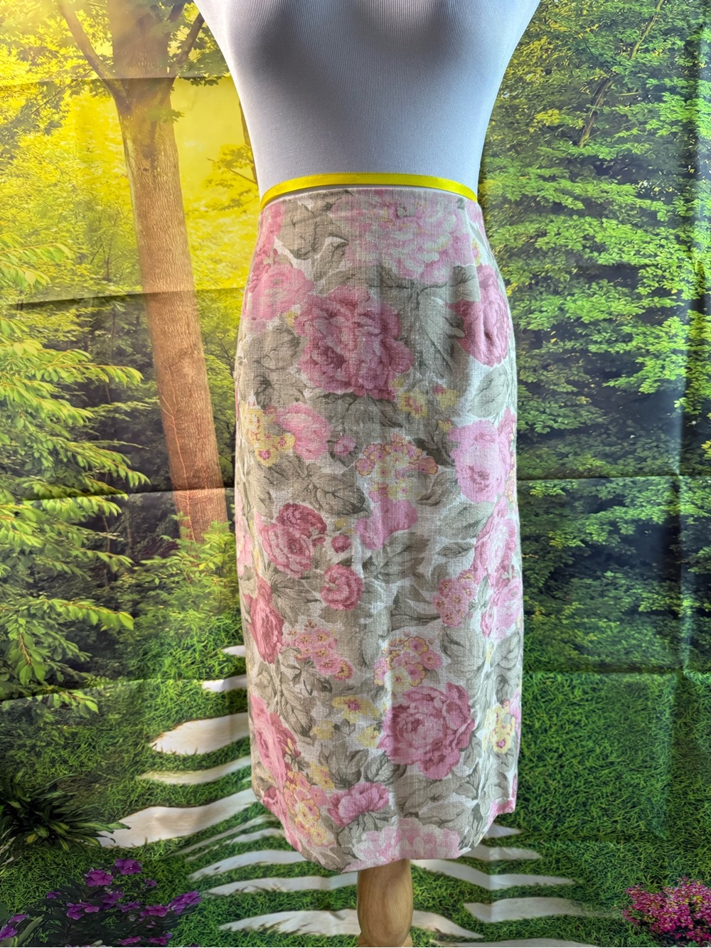 873-Joan Leslie Pink Floral Midi Skirt with Subtle Beige Base
